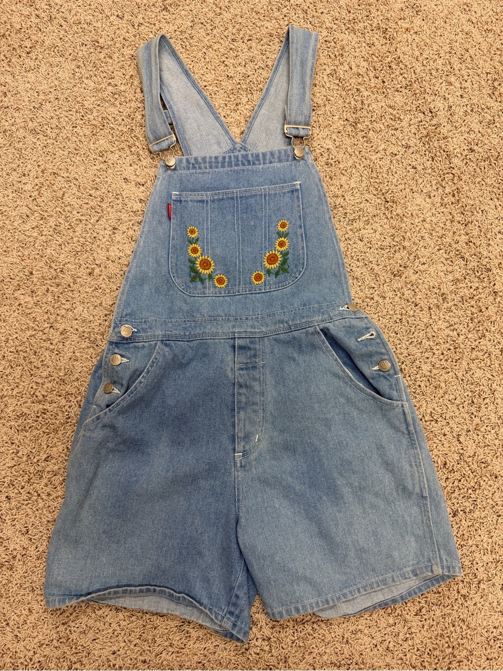Vintage Denim Sunflower Embroidered Short Overalls - Blue